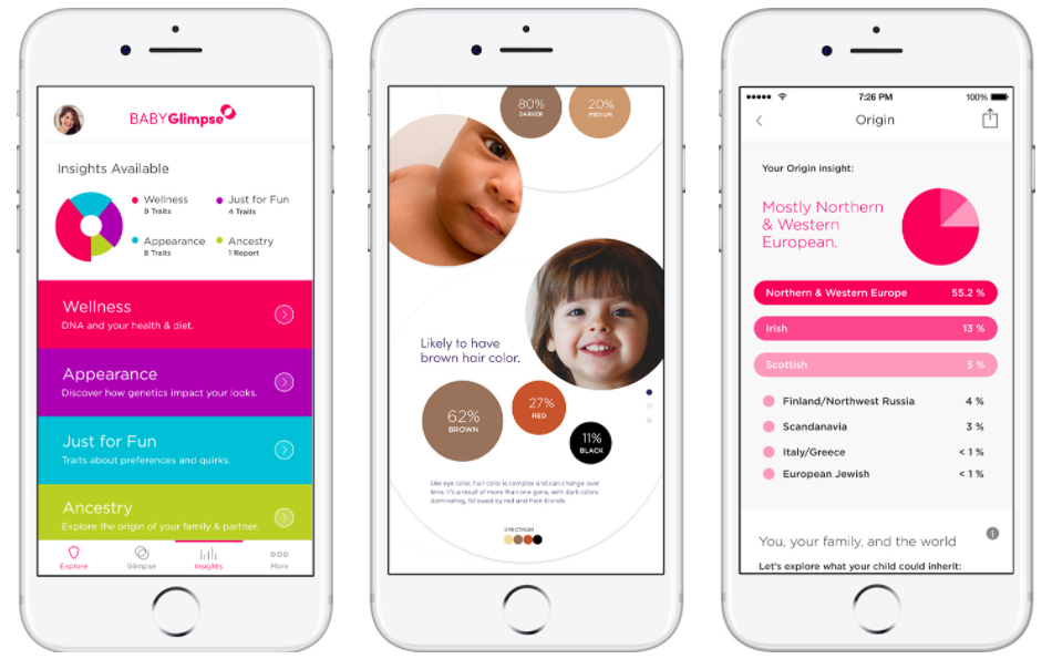 BABYGlimpse is a DNA-powered app for couples to discover and explore the genetic-related traits their children may inherit.