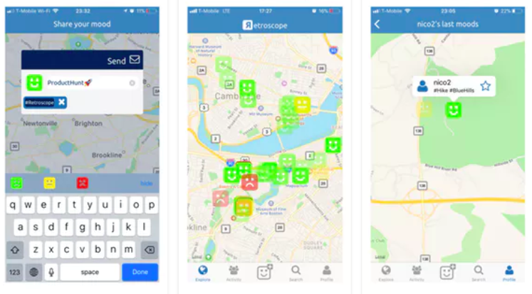 Retroscope is a new social network app that allows users to track, map, and share their mood on any topics or places with smileys and maps.