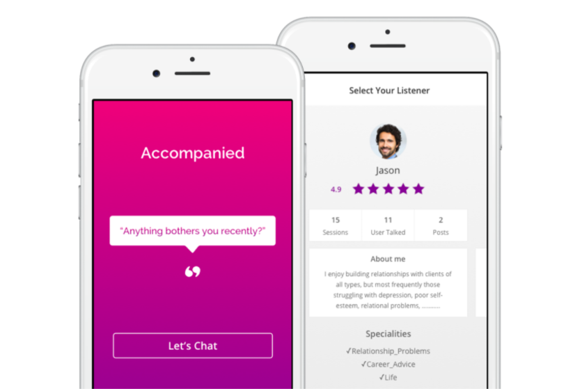 Accompanied is an anonymous online emotional support service connecting users to listeners in real time.