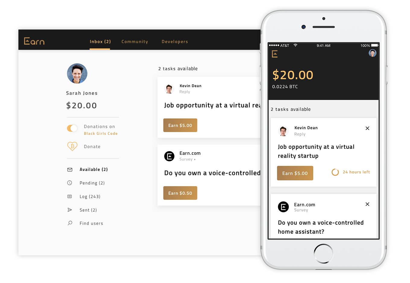 Earn.com is a cryptocurrencies product that allows users to earn digital currency for replying to emails and completing tasks.